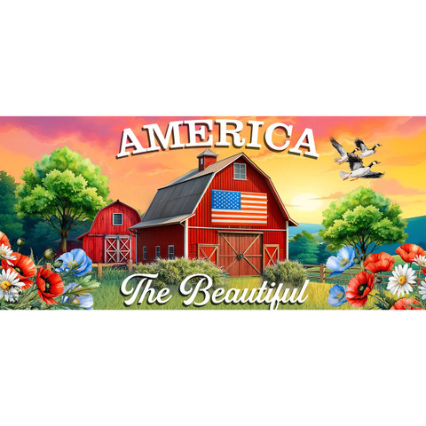 American Barn Mini Mat with patriotic barn, flowers, trees, and planes on a colorful background.