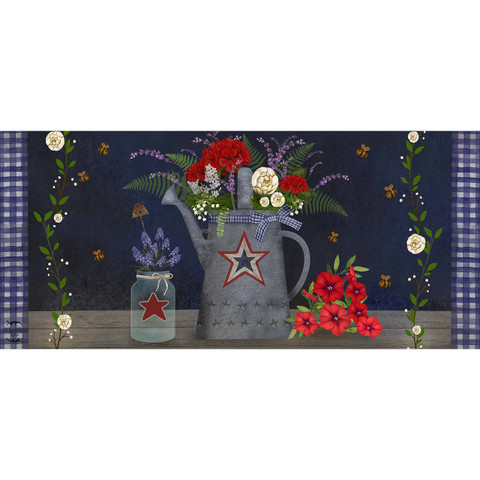 American Watering Can Mini Mat with star design, flowers, and rustic background.