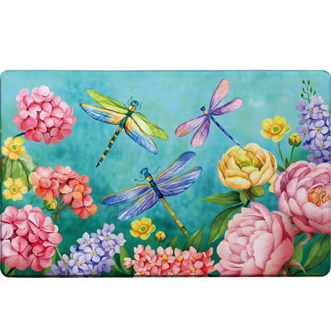 Dragonfly Garden Comfort Mat with colorful flowers and dragonflies on turquoise background.