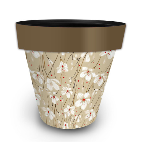 Tan and red floral large planter with white flowers and brown rim on a white background.