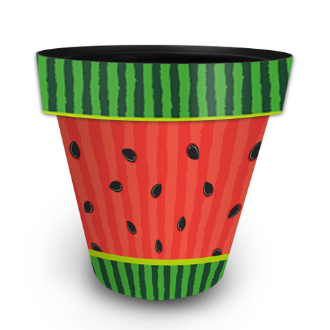 Large Watermelon Planter, red with green stripes and black seeds, colorful vibrant decorative garden pot.