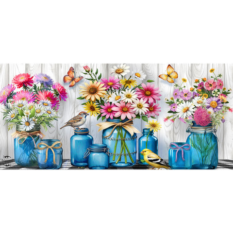Blue Jar Bouquets Mini Mat with colorful flowers, blue jars, birds, and butterflies on a white background.