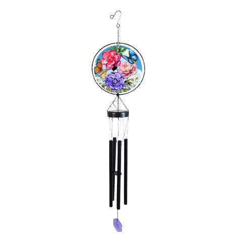 Butterflies and Peonies Illuminated Wind Chime with colorful floral design and black metal tubes hanging down.