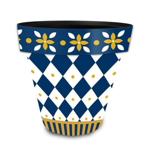 Blue and Gold Medium Planter with argyle pattern and floral design on white background.