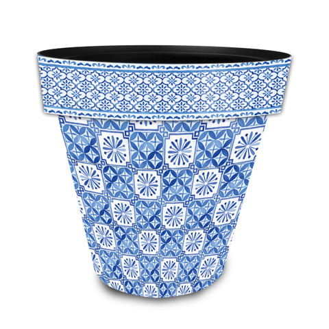 Mediterranean Medium Planter, blue and white geometric patterned ceramic pot with floral designs and wide mouth.