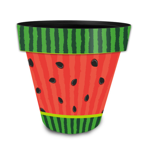 Watermelon Medium Planter, red with green stripes and black seeds, vibrant colorful ceramic garden pot.
