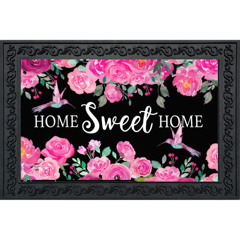 Home Sweet Home Hummingbirds Doormat with pink roses, hummingbirds, and black background and decorative border.