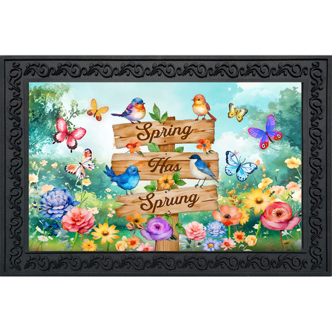 Spring Has Sprung Sign Doormat with colorful flowers, butterflies, and birds on a wooden sign background.