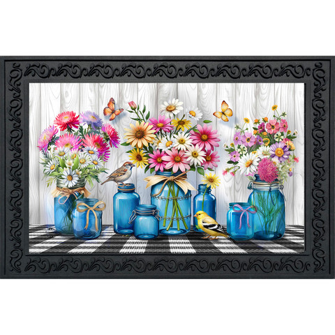 Blue Jar Bouquets Doormat with colorful flowers and blue jars on black and white checkered background.