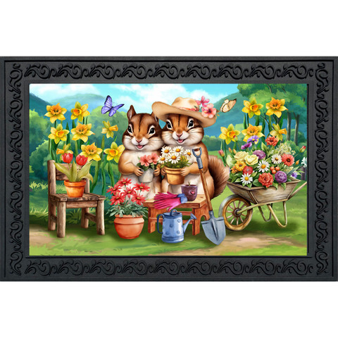 Springtime Chipmunks Doormat with colorful flowers, gardening tools and two chipmunks in a garden scene.