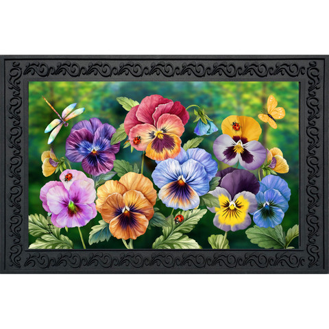 Colorful Pansy Trio Doormat with vibrant flowers, dragonfly, and butterfly design on a black background.