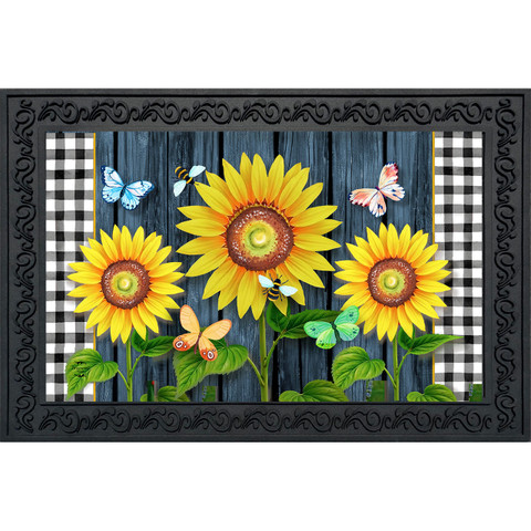 Blooming Sunflowers Doormat with colorful butterflies on a blue wooden background with checkered border.