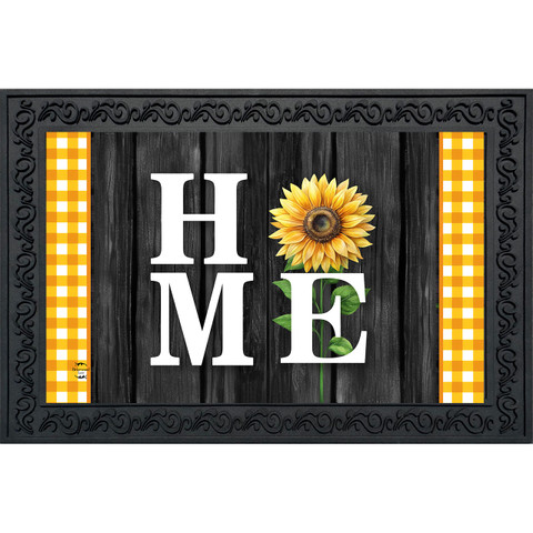 Sunflower Home Doormat with yellow gingham border and white HOME text on dark wood background.