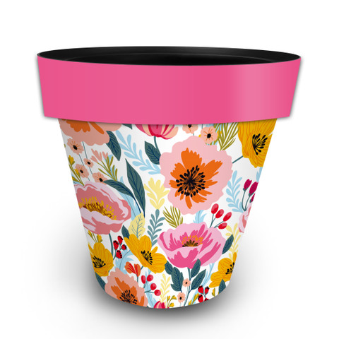 Vibrant Blooms Large Planter, colorful floral design, pink rim, white background, large size, multicolored flowers.