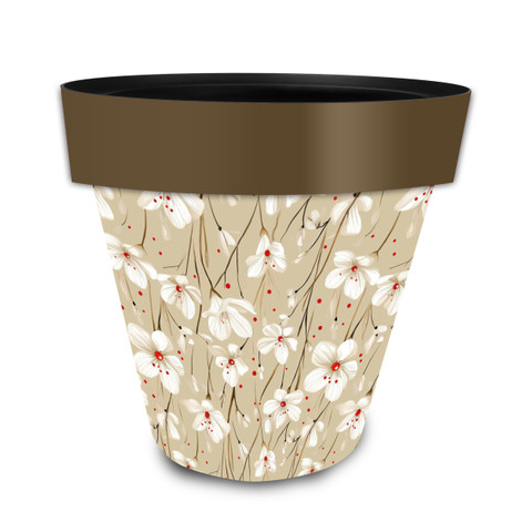 Tan and red floral medium planter with white flowers and brown rim on a white background.