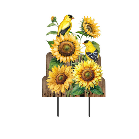 Goldfinch Gathering Metal Art with sunflowers and yellow birds on a wooden background with metal stakes.
