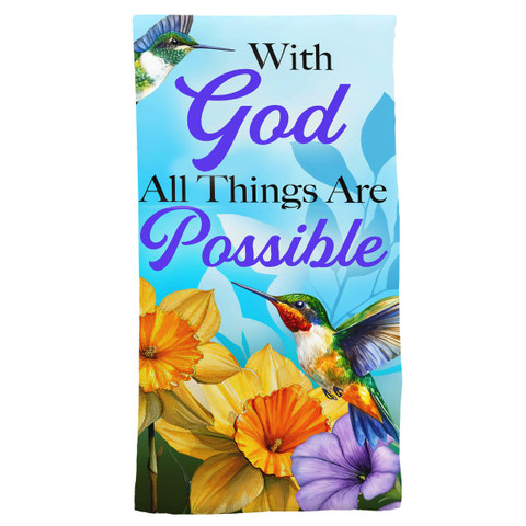 Cotton All Things Are Possible Towel with hummingbirds and flowers design, inspirational quote on light blue.