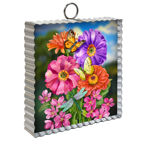 Zinnias in Bloom metal mini moment with colorful flowers, butterflies, and dragonflies on silver background.