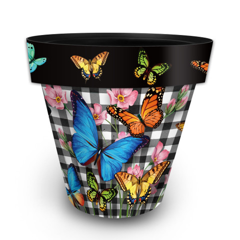 Large Checkered Butterflies Planter with colorful butterflies and flowers on black and white checkered background.