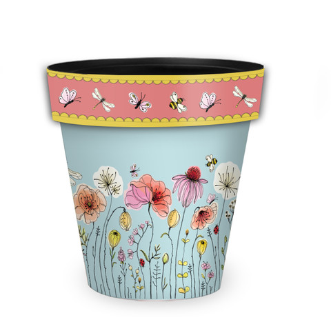 Colorful Wildflowers Medium Planter with bees and flowers design on light blue and pink background.