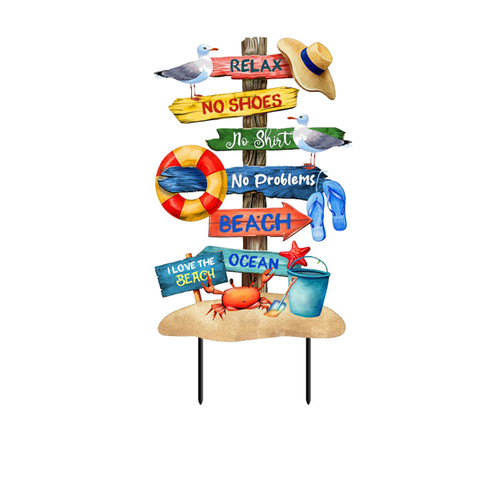 Beach Signs Metal Art with colorful signs, crab, seagulls, hat, and beach accessories on wooden base.