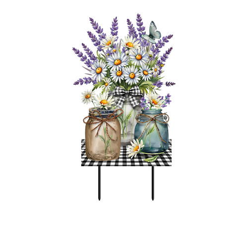 Lavender and Daisies Metal Art with jars and flowers on a black and white checkered table.
