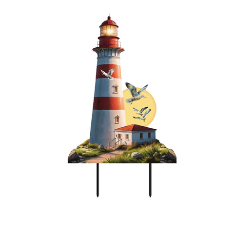 Lighthouse At Sunset Metal Art, red and white striped lighthouse with seagulls and sunset background scene.