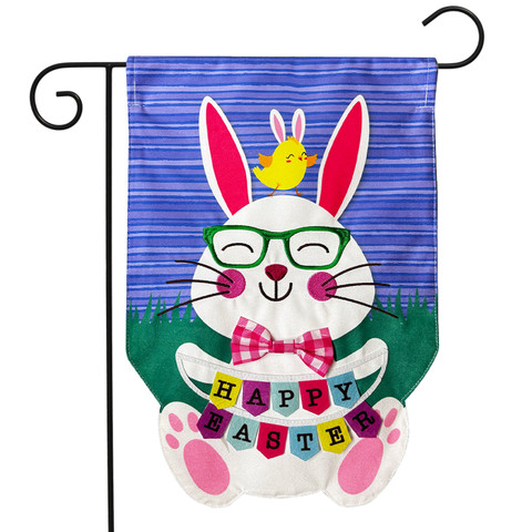 Happy Easter Bunny burlap garden flag with colorful bunny, chick, and "Happy Easter" banner design.