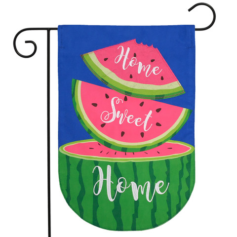 Watermelon garden flag with "Home Sweet Home" on slices and burlap material hanging on stand.