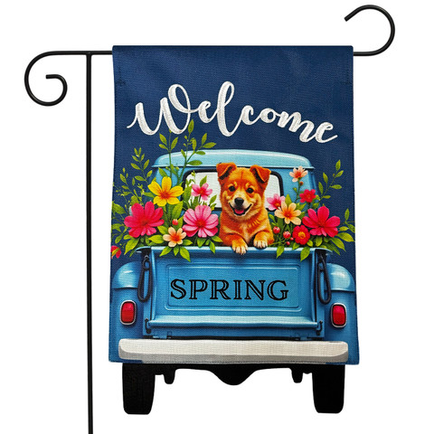Puppy Pickup Burlap Garden Flag with colorful flowers and dog on blue truck with welcome spring text.