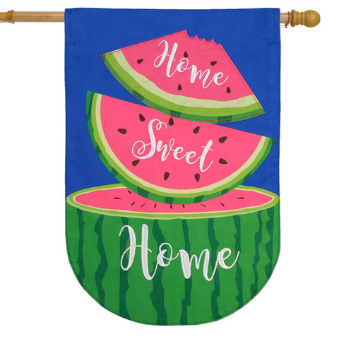 Home Sweet Home Watermelon Burlap House Flag with pink and green watermelon design on blue background.