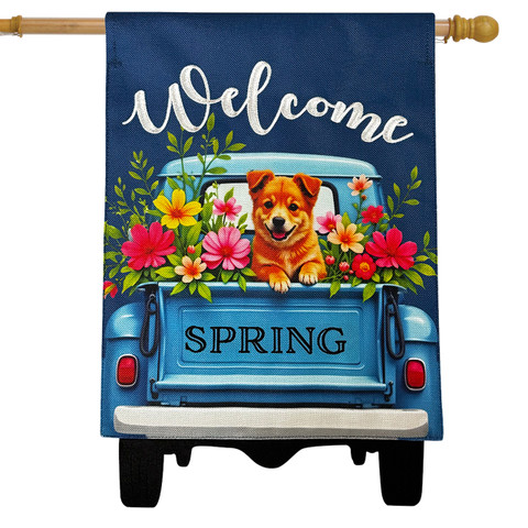 Puppy Pickup Burlap House Flag with colorful flowers and spring theme on blue truck background.
