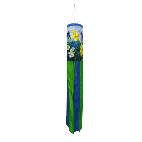 Bluebirds and Daffodils Windsock Wind Twister, blue green windsock with bluebirds and yellow daffodils design.