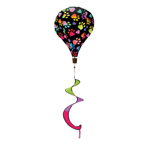 Rainbow Pawprints Welcome Hot Air Balloon Spinner with colorful paw print design and spiral tail.