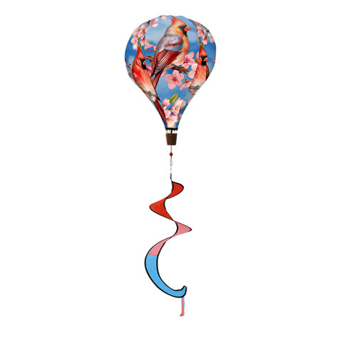 Cherry Blossom Cardinal Hot Air Balloon Spinner with red and blue spiral tail decoration.