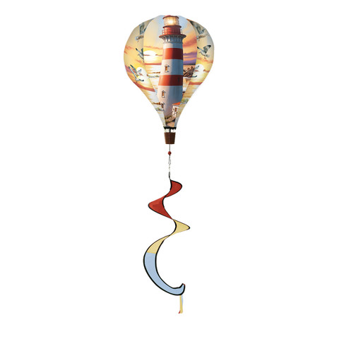 Lighthouse At Sunset hot air balloon spinner with red, blue and yellow spiral tail decoration.