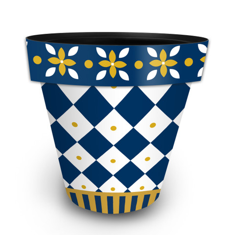 Large blue and gold planter with white accents and argyle pattern on a white background.