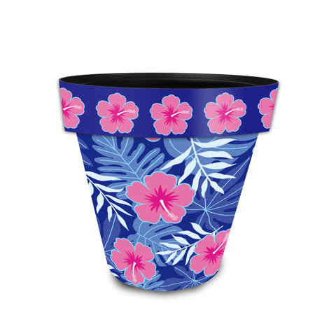 Small blue planter with pink flowers and tropical leaves, tropical design on a white background.