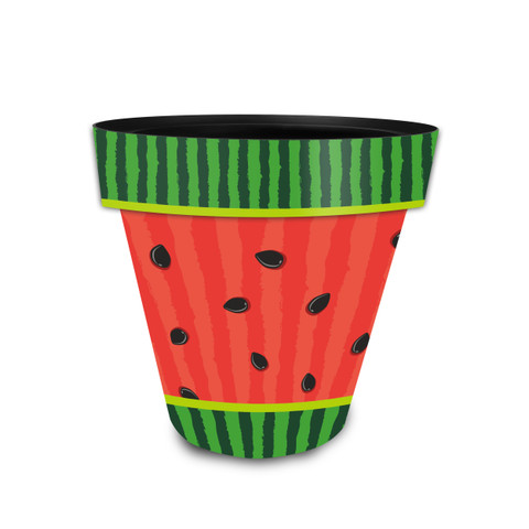 Small Watermelon Planter with green stripes and black seeds on red background, bright yellow accents.
