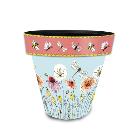 Small Wildflowers Planter with dragonflies and flowers on pink and blue background with yellow accents.