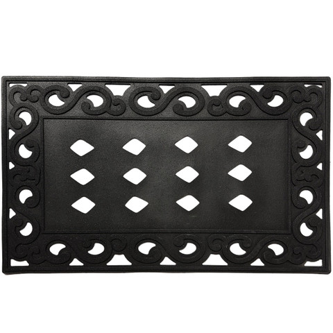 Black rubber scroll mini mat doormat tray with diamond cutouts and decorative border design.