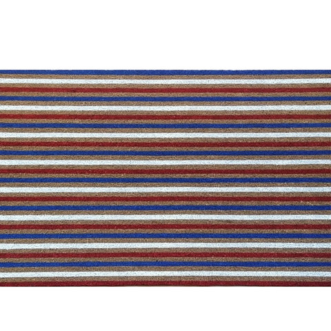 American Stripes Medium Coir Doormat, 24 x 36, red, blue, and beige horizontal stripes.