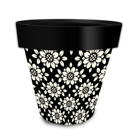 Black plastic Geometric Floral Medium Planter with white flowers and glossy rim, plain interior.