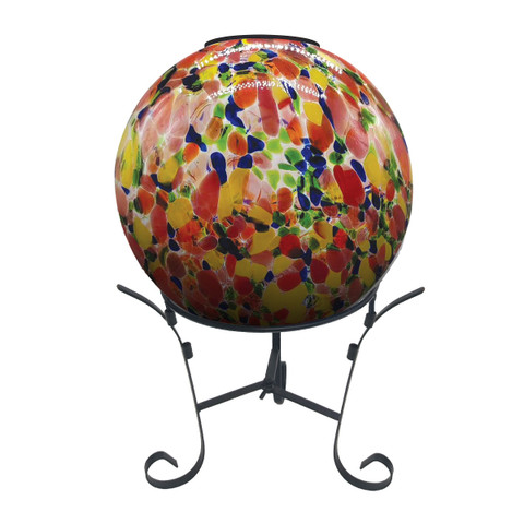 Rainbow Specked Solar LED Glass Gazing Ball on black metal stand with colorful mosaic pattern.