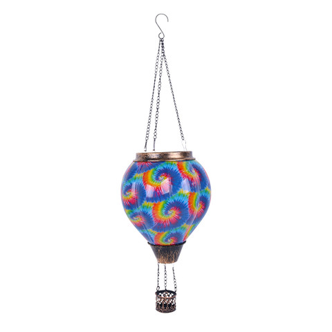 Solar powered Tie Dye Swirl Balloon Lantern with silver chains and hook, multicolor swirl design.