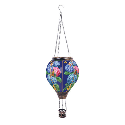 Colorful Hydrangeas Solar Balloon Lantern with blue, pink, and green floral design, hanging chains.