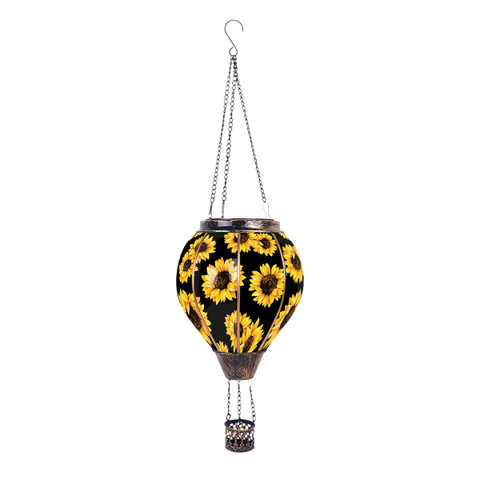 Sunflowers Solar Balloon Lantern hanging with chains, featuring yellow sunflowers on a black background.
