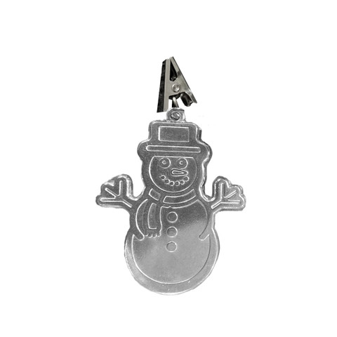 Metal Snowman Garden Flag Weight, silver snowman ornament with hat and outstretched arms.