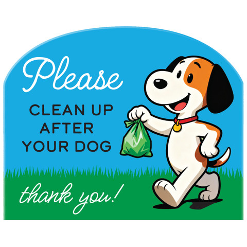 Acrylic art sign with cartoon dog holding poop bag, "Please Clean Up After Dog" message.