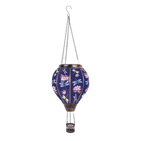 Dragonflies Solar Balloon, blue hot air balloon lantern with pink flowers and dragonflies hanging from chains.